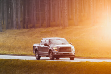 Misty rural road drive with pickup truck