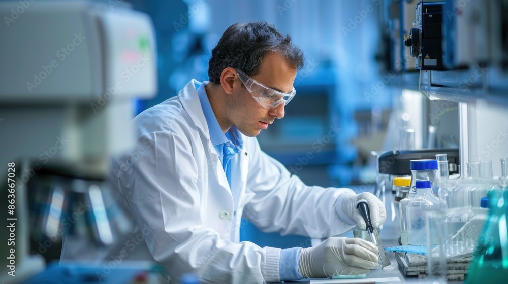 Aufkleber an experienced technical worker man conducting material analysis and testing in a materials science 