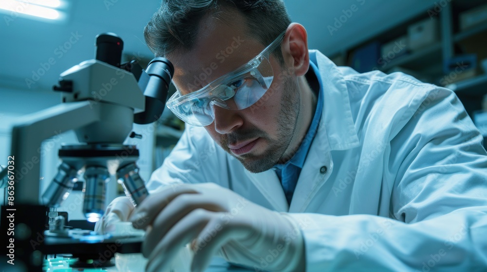 Poster an experienced technical worker man conducting material analysis and testing in a materials science 
