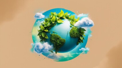 Beautiful earth day illustration with some green leaves and clouds. eco planet design