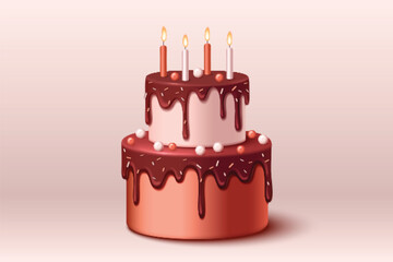 3d happy birthday party cake with candle vector. Anniversary or wedding celebration with realistic chocolate surprise dessert and sprinkle decoration. Yummy cute confectionery to celebrate birth