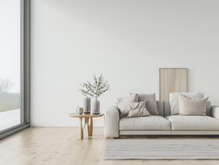 Luxury living room interiors in neutral tones with minimal ornaments and natural window lighting. Interiors composition for property advertising.