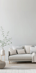 Luxury living room interiors in neutral tones with minimal ornaments and natural window lighting. Interiors composition for property advertising.