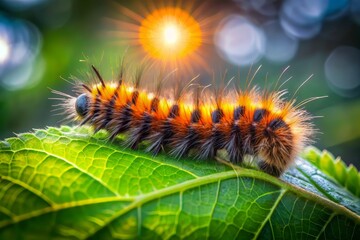 Softly backlit caterpillar with fuzzy orange and black body slowly makes its way on a lush green leaf, casting a gentle morning shadow.