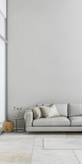 Luxury living room interiors in neutral tones with minimal ornaments and natural window lighting. Interiors composition for property advertising.