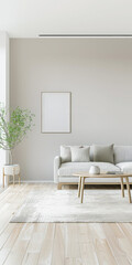 Luxury living room interiors in neutral tones with minimal ornaments and natural window lighting. Interiors composition for property advertising.