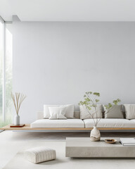 Luxury living room interiors in neutral tones with minimal ornaments and natural window lighting. Interiors composition for property advertising.
