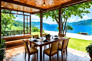 Dining table with beautiful scenery view. Generative ai