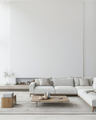 Luxury living room interiors in neutral tones with minimal ornaments and natural window lighting. Interiors composition for property advertising.