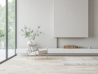 Luxury living room interiors in neutral tones with minimal ornaments and natural window lighting. Interiors composition for property advertising.