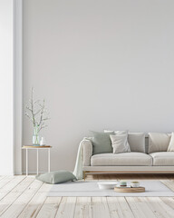 Fototapeta premium Luxury living room interiors in neutral tones with minimal ornaments and natural window lighting. Interiors composition for property advertising.