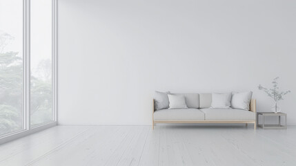 Luxury living room interiors in neutral tones with minimal ornaments and natural window lighting. Interiors composition for property advertising.