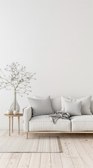 Luxury living room interiors in neutral tones with minimal ornaments and natural window lighting. Interiors composition for property advertising.