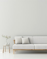 Luxury living room interiors in neutral tones with minimal ornaments and natural window lighting. Interiors composition for property advertising.