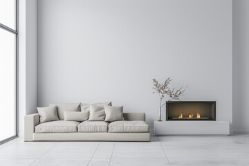 Luxury living room interiors in neutral tones with minimal ornaments and natural window lighting. Interiors composition for property advertising.