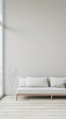 Luxury living room interiors in neutral tones with minimal ornaments and natural window lighting. Interiors composition for property advertising.