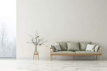 Luxury living room interiors in neutral tones with minimal ornaments and natural window lighting. Interiors composition for property advertising.