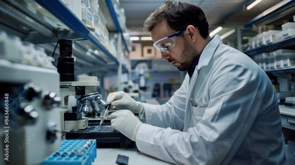 Aufkleber an experienced technical worker man calibrating instruments in a laboratory environment