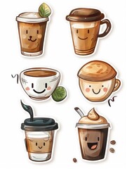 Obraz premium Assorted cute coffee cup characters on a sticker sheet
