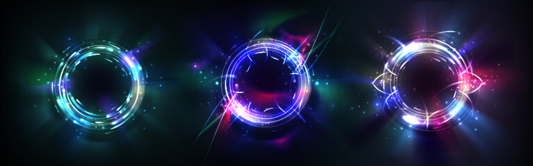 Neon halo effect light. Circle ring glow with blue flare. 3d round speed portal with magic energy. Radial hologram frame with beam and vortex for nightclub party. Visual electric shine sphere