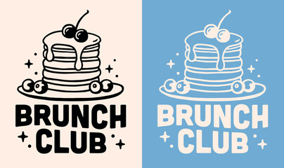 Brunch club squad funny pancakes lover shirt design logo quotes. Summer coastal baby blue aesthetic retro vintage 80s illustration for girls besties matching clothing print poster sticker cut file.