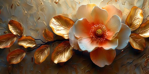 3d illustration of an abstract floral composition with gold leaves and flowers. Oil painting flowers