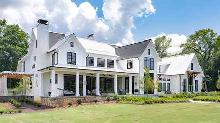 modern farmhouse exterior with fresh paint, sleek metal roof and wrap around porch,home with rustic exterior and white paint for contrast
