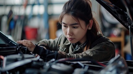 A woman repairing a car's radiator, demonstrating mechanical aptitude and problem-solving skills with minimalist style 