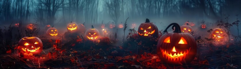 Obraz premium Jack-o'-lanterns glowing in a dark forest at night