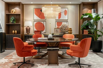 a dining room with orange chairs and a round table