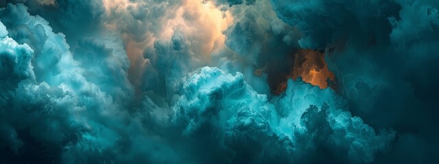 Fototapeta premium A painting of blue-yellow clouds with a red light in the center and a separate yellow light within