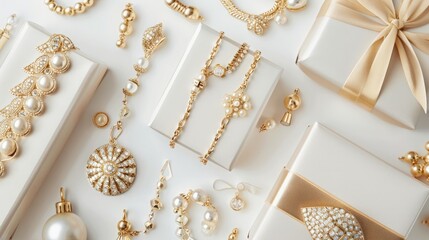 golden jewelry and gift boxes on white background with copy space for text. fashion and shopping concept. wedding, marriage or birthday composition. flat lay, top view