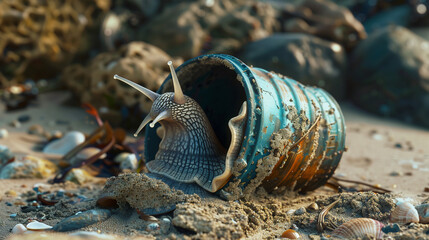 Close-up of a snail on a beach wearing a trashcan instead of it natural shell. Water pollution background for a presentation or an advertisement.