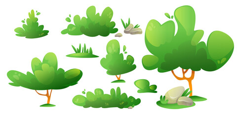 Summer or spring landscape creation nature elements. Cartoon vector set of green trees and bushes, grass and stones for garden or park. Forest and yard plants. Greenery scene decoration.