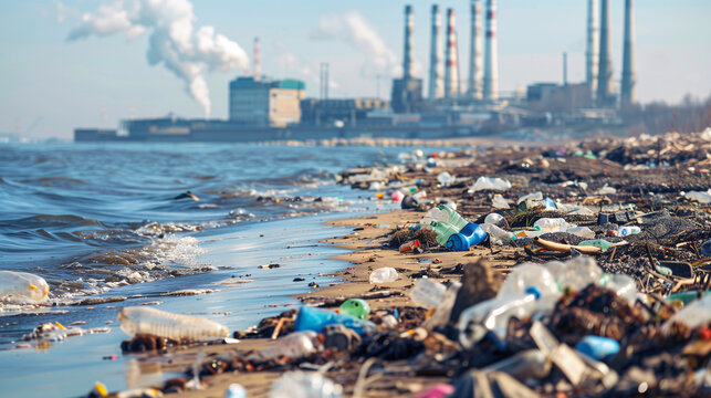 A dirty beach full of trash with factory industrial emitted smoke on the background. Water pollution background for a presentation or an advertisement.