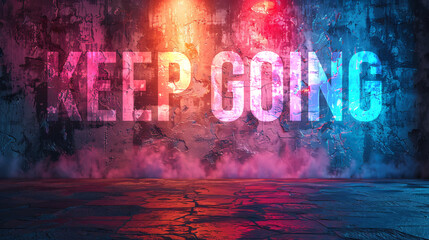 Colorful vibrant neon lights background with text Keep Going phrase for motivation with copyspace 