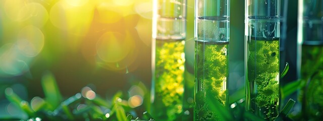  A collection of tall glass structures teeming with verdant foliage; sunlight bathes the interior plants