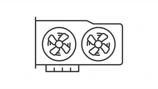 Animated graphics card icon. Computer gpu line animation. Spinning fan ventilators, rotors. Pc hardware. Black illustration on white background. HD video with alpha channel. Motion graphic