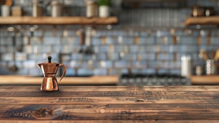 Obraz premium Display vintage copper cezve with coffee on wooden table blurred modern kitchen background ideal for showcasing coffee products Perfect morning blend for creative professionals