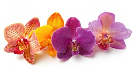 Obraz premium Close up of three vibrant orchid blooms on a white backdrop