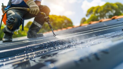 Close-up shot of professional roofer spray painting roof with precision.