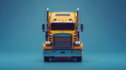 Front view of a bright yellow semi-truck against a blue background, showcasing its headlights and grille in detail.