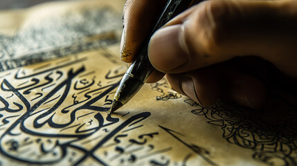 An artist's hand drawing Islamic calligraphy on parchment using traditional ink and quill with focus on the flowing script.