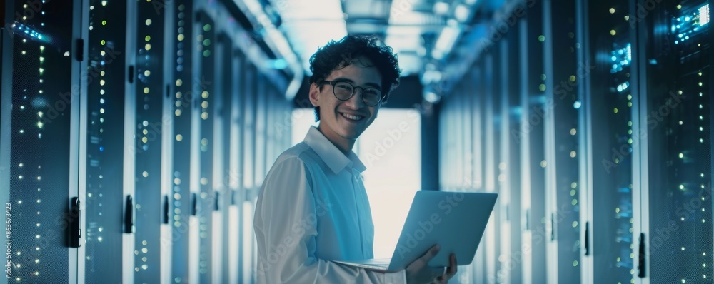 Poster smiling it professional working in a data center with a laptop