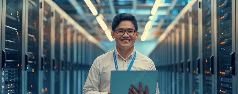 Aufkleber smiling it professional holding a laptop in a server room with data center in background