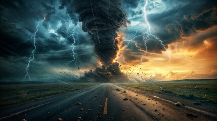 Fototapeta na wymiar Massive tornado with lightning storm over deserted road