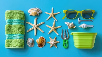 A collection of beach items including a green towel, a pair of sunglasses