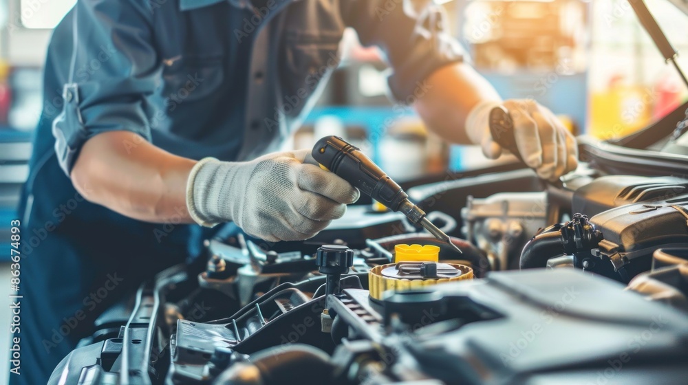 Poster an experienced mechanic diagnosing and repairing a car issue, with space around for adding text or b