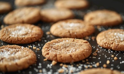 Close-up of brown sugar sprinkled generously on a batch of freshly baked cookies, highlighting texture and sweetness