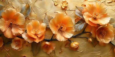 Orange flowers on golden background, top view. Floral design element